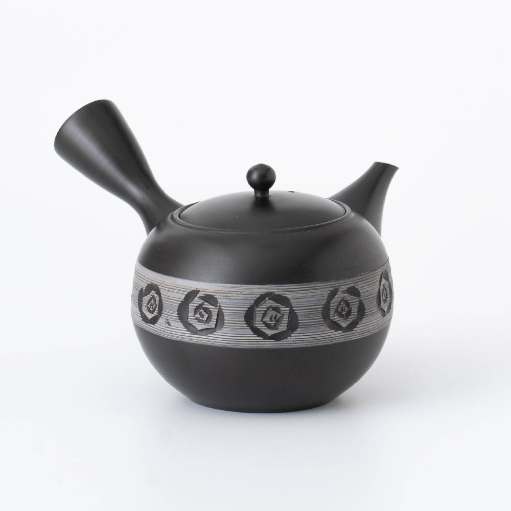 Kyusu Teapot Tokoname Yaki - Carved Floral [Built-in ceramic mesh filter]