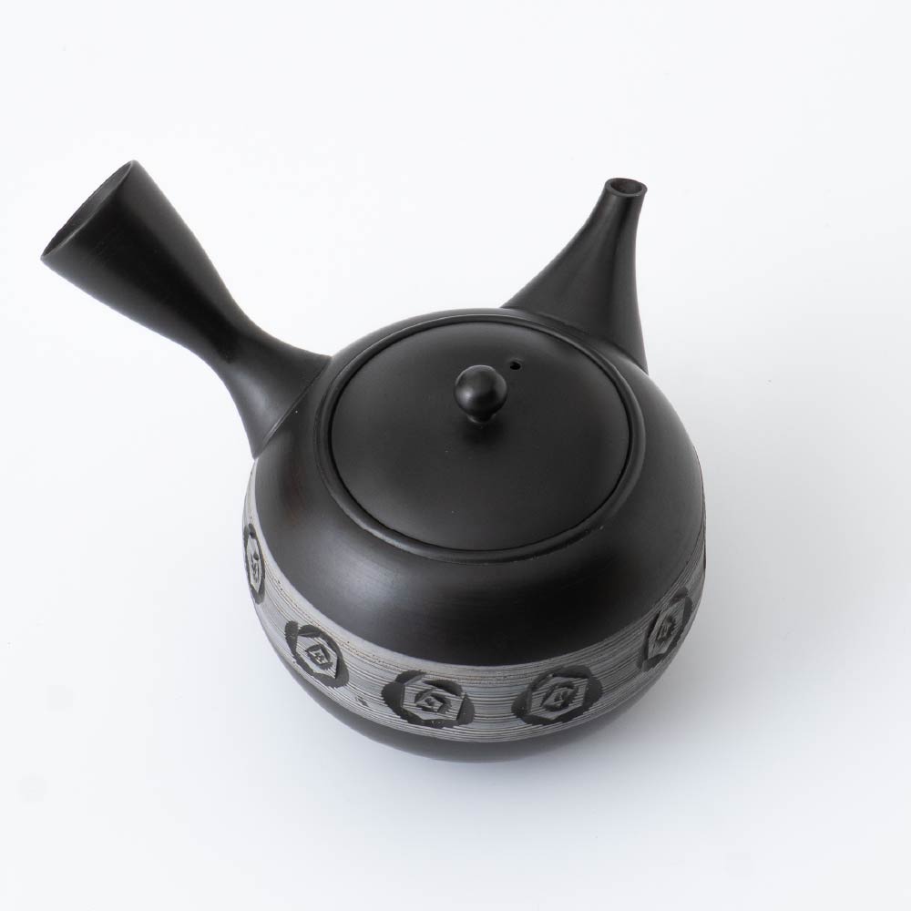 Kyusu Teapot Tokoname Yaki - Carved Floral [Built-in ceramic mesh filter]