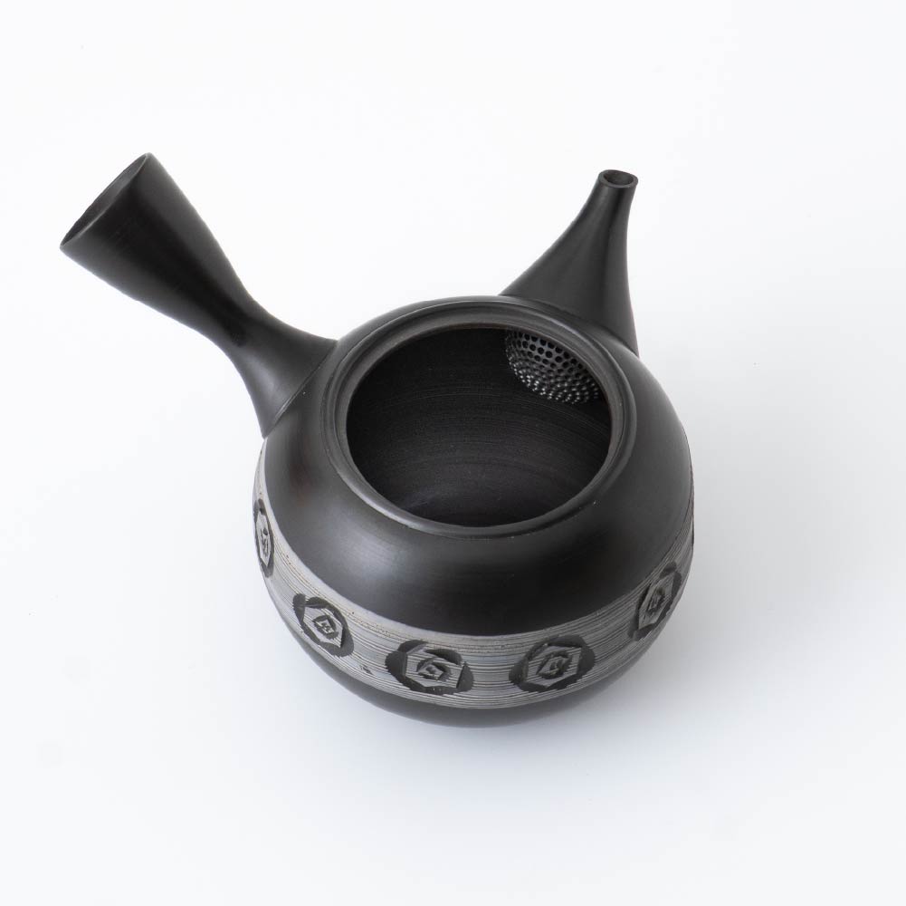 Kyusu Teapot Tokoname Yaki - Carved Floral [Built-in ceramic mesh filter]