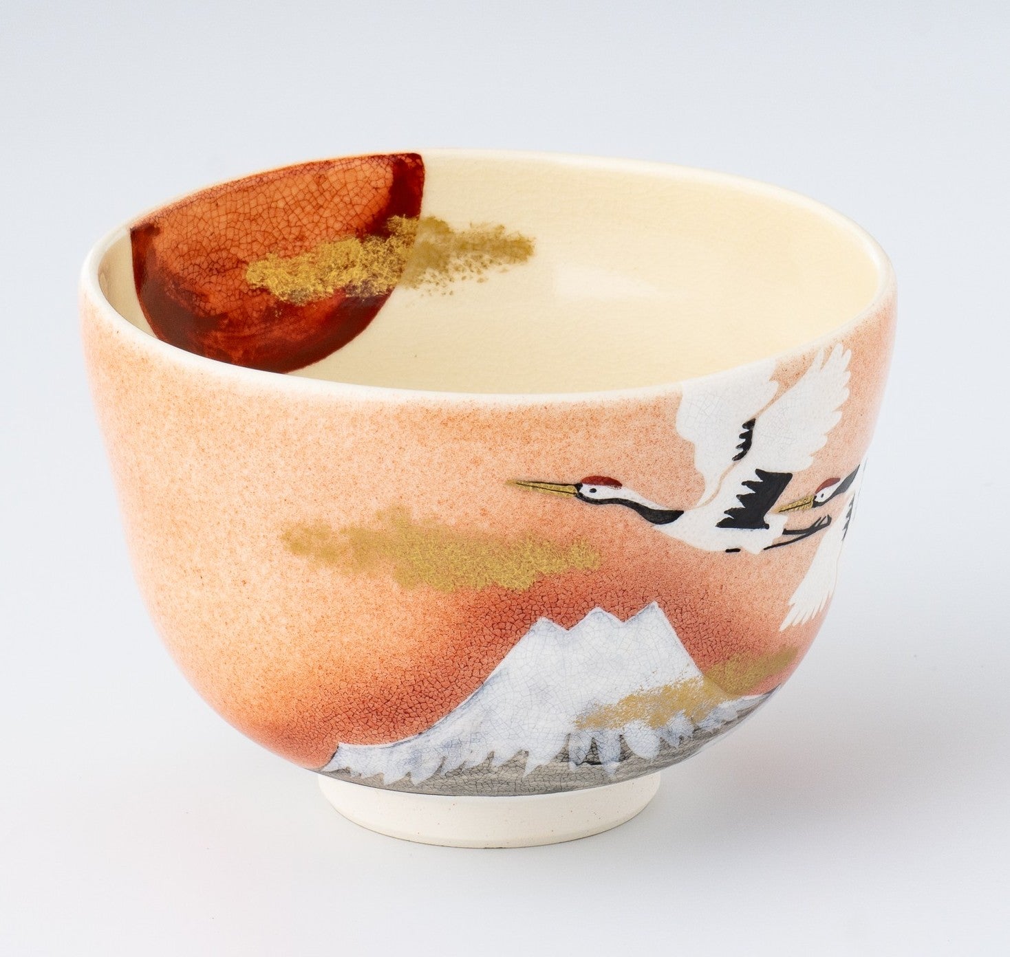 Matcha Tea bowl Chawan - Cranes and Mt. Fuji