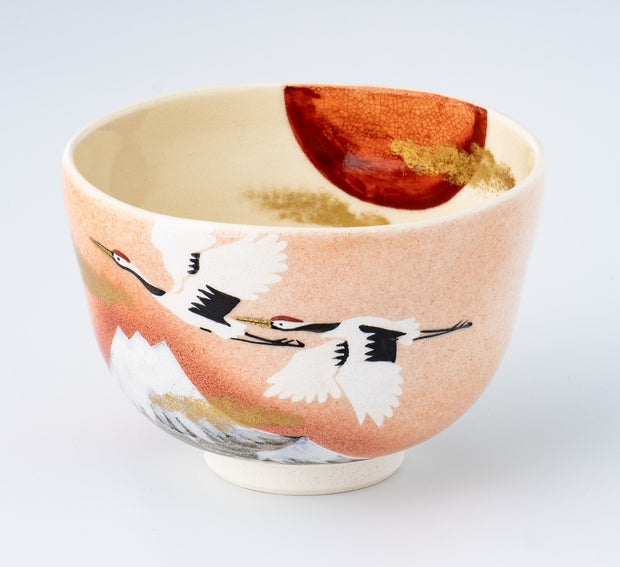 Matcha Tea bowl Chawan - Cranes and Mt. Fuji