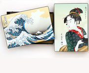 Japanese Square Tin Canister Set of 2 [Ukiyoe/浮世絵 -Waves & Japanese Lady in Kimono]