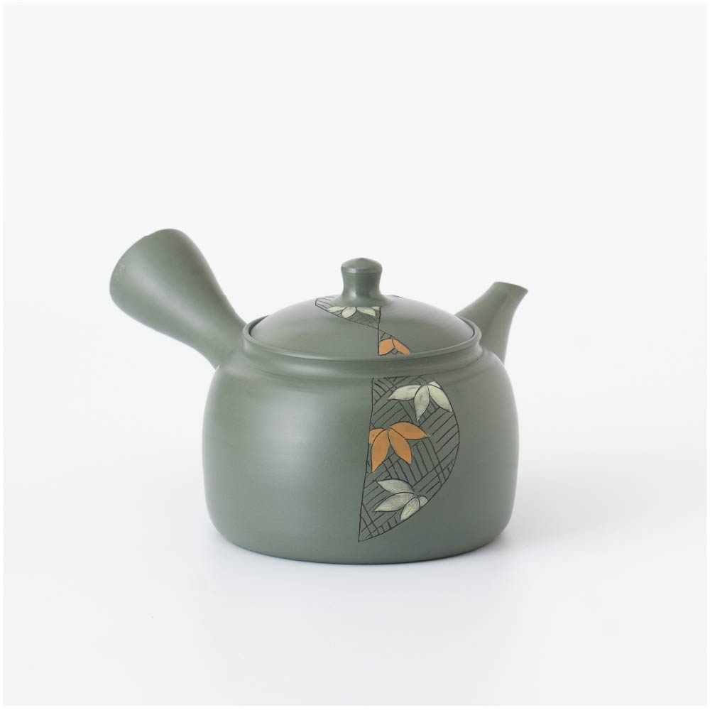 Kyusu Teapot Tokoname Yaki - Carved Bamboo [Built-in ceramic mesh filter]