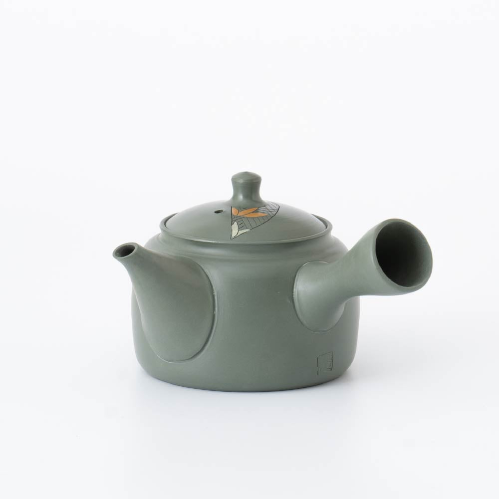 Kyusu Teapot Tokoname Yaki - Carved Bamboo [Built-in ceramic mesh filter]