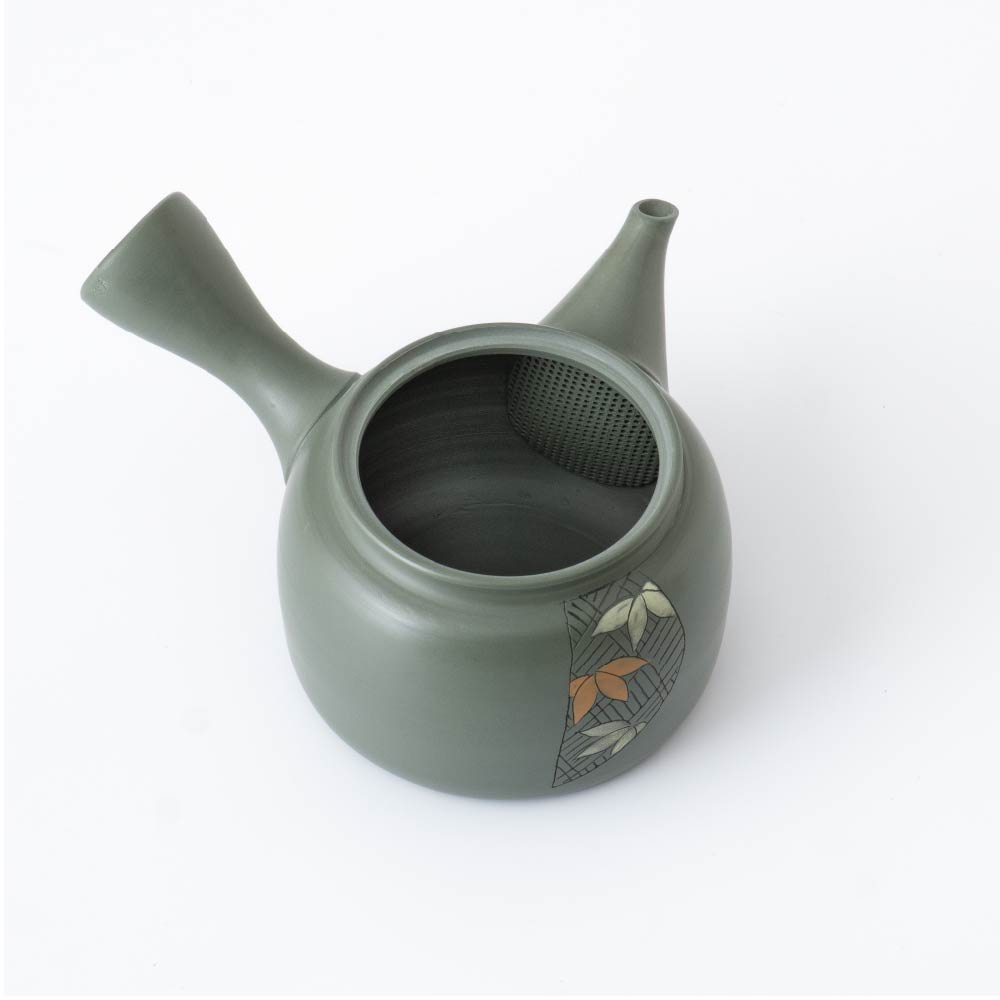 Kyusu Teapot Tokoname Yaki - Carved Bamboo [Built-in ceramic mesh filter]