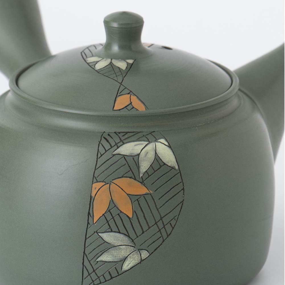 Kyusu Teapot Tokoname Yaki - Carved Bamboo [Built-in ceramic mesh filter]