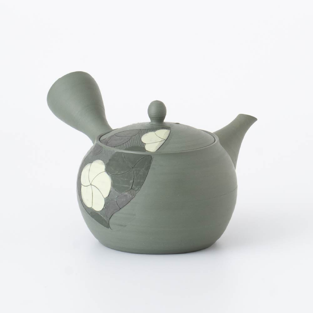 Kyusu Teapot Tokoname Yaki - Carved Blossom [Built-in ceramic mesh filter]