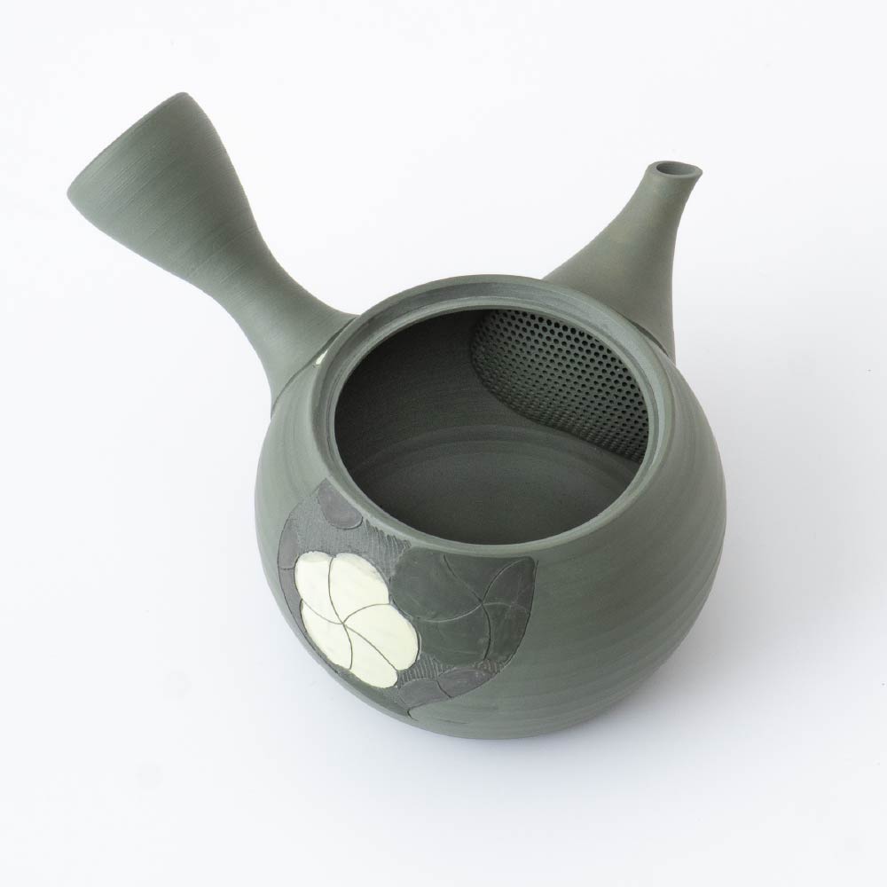 Kyusu Teapot Tokoname Yaki - Carved Blossom [Built-in ceramic mesh filter]