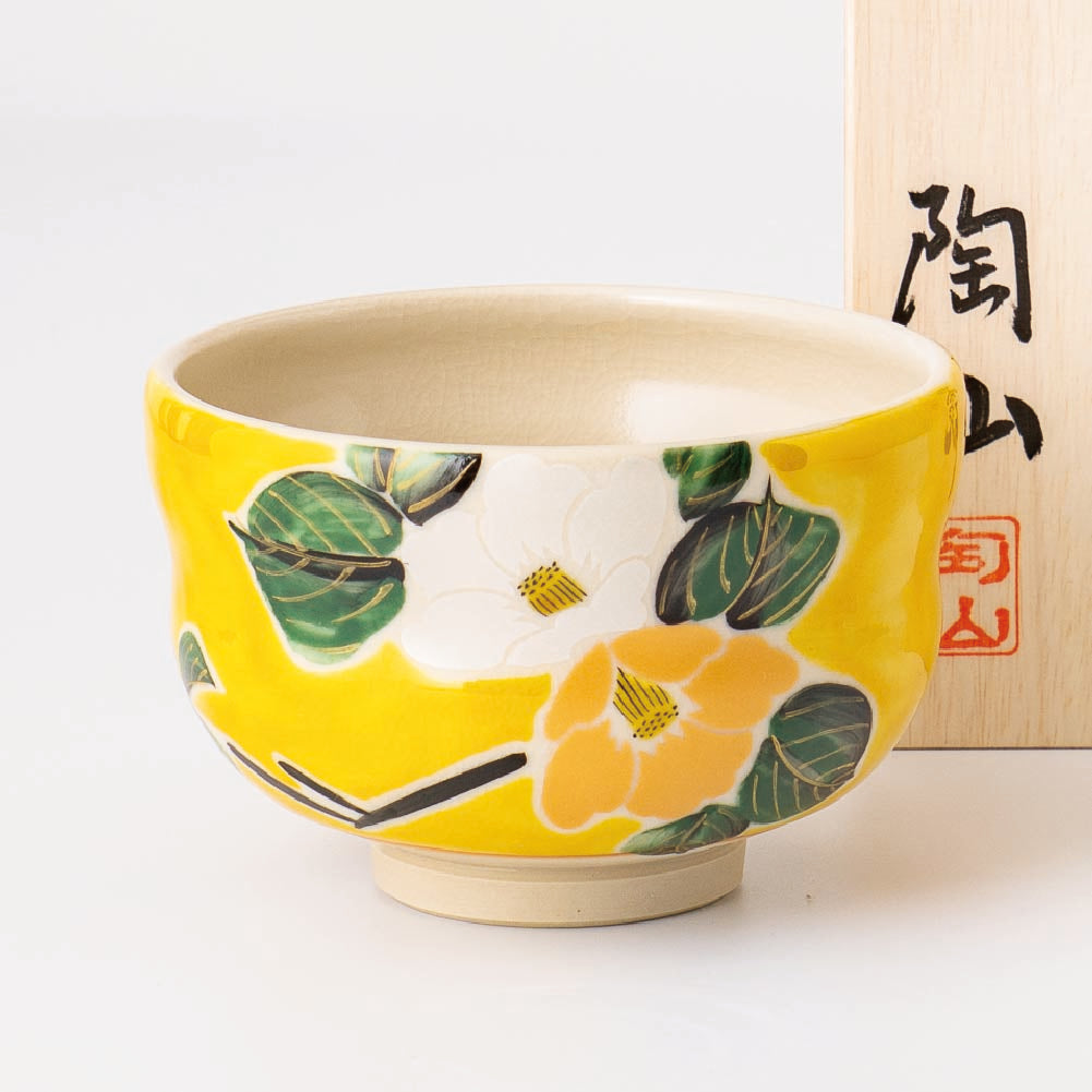 Matcha Tea bowl Chawan - 金彩椿 Gold Camellia with Wood Box